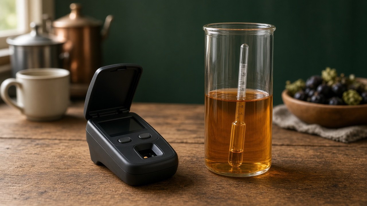 Unbranded refractometer with a blank screen beside a hydrometer jar. Editorial still life, not a finishing-gravity result from this site