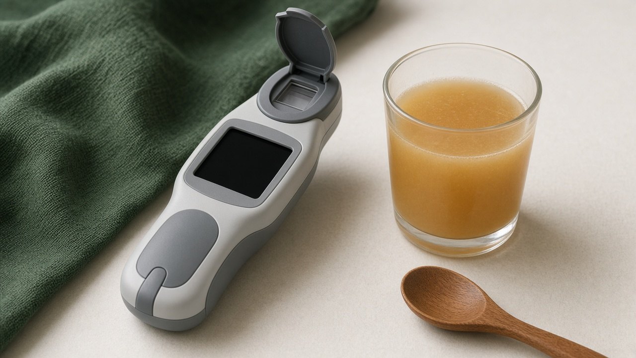 Unbranded digital refractometer with the screen off, beside a glass of apple juice. Editorial still life, not a reading from this site