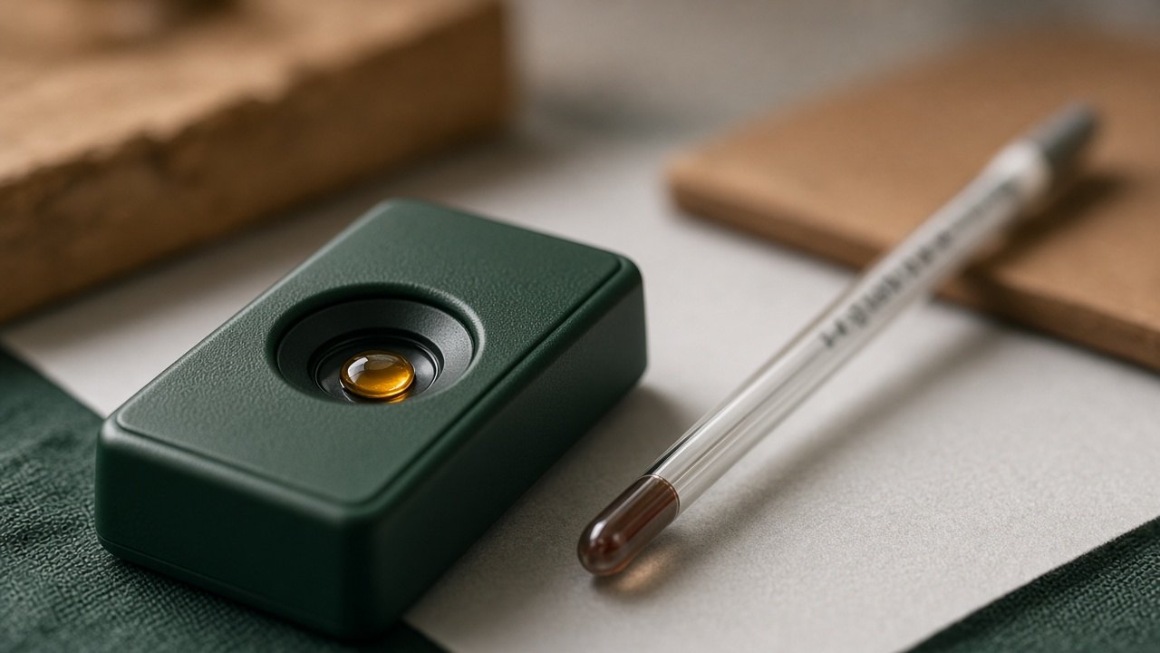 Editorial close-up of an unbranded prism well and a thermometer, with no readable Brix value
